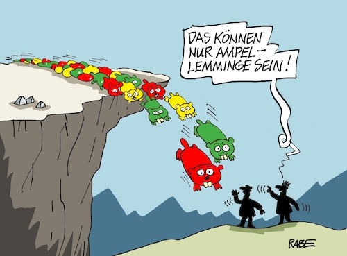 Cartoon: Absturz (medium) by RABE tagged ampel,ampelregierung,rot,grün,gelb,fdp,spd,grüne,rabe,ralf,böhme,cartoon,karikatur,pressezeichnung,farbcartoon,tagescartoon,pöbelei,pöbler,bestrafung,regelung,beschimpfung,bundestag,abgeordnete,rücktritt,bundesvorstand,auflösung,neuwahlen,zerfall,lemming,lemminge,schlucht,felsvorsprung,absturz,selbstmord,suizit,ampel,ampelregierung,rot,grün,gelb,fdp,spd,grüne,rabe,ralf,böhme,cartoon,karikatur,pressezeichnung,farbcartoon,tagescartoon,pöbelei,pöbler,bestrafung,regelung,beschimpfung,bundestag,abgeordnete,rücktritt,bundesvorstand,auflösung,neuwahlen,zerfall,lemming,lemminge,schlucht,felsvorsprung,absturz,selbstmord,suizit