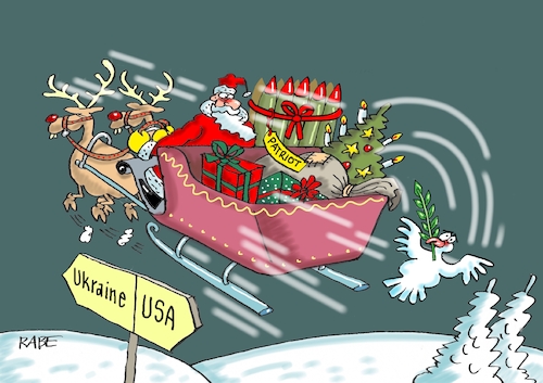 Cartoon: Absturzgefahr (medium) by RABE tagged weihnachten,weihnachtsfest,weihnachtsmann,weihnachtsmänner,bart,geschenkesack,rabe,ralf,böhme,cartoon,karikatur,pressezeichnung,farbcartoon,tagescartoon,schlitten,rentiere,usa,ukraine,biden,selenskyj,patriot,patriotraketen,raketenabwehrsystem,staatsbesuch,geschenke,frieden,friedenstaube,ölzweig,putin,aufrüstung,ukrainekrieg,weihnachten,weihnachtsfest,weihnachtsmann,weihnachtsmänner,bart,geschenkesack,rabe,ralf,böhme,cartoon,karikatur,pressezeichnung,farbcartoon,tagescartoon,schlitten,rentiere,usa,ukraine,biden,selenskyj,patriot,patriotraketen,raketenabwehrsystem,staatsbesuch,geschenke,frieden,friedenstaube,ölzweig,putin,aufrüstung,ukrainekrieg