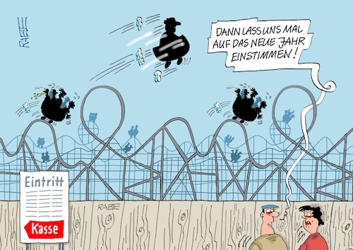 Cartoon: Achterbahnfahrt (medium) by RABE tagged ampel,ampelregierung,rot,grün,gelb,fdp,spd,grüne,rabe,ralf,böhme,cartoon,karikatur,pressezeichnung,farbcartoon,tagescartoon,inflation,einkommen,rente,rentenpaket,bruch,streit,neuwahlen,neujahr,silvester,achterbahn,achterbahnfahrt,ampel,ampelregierung,rot,grün,gelb,fdp,spd,grüne,rabe,ralf,böhme,cartoon,karikatur,pressezeichnung,farbcartoon,tagescartoon,inflation,einkommen,rente,rentenpaket,bruch,streit,neuwahlen,neujahr,silvester,achterbahn,achterbahnfahrt