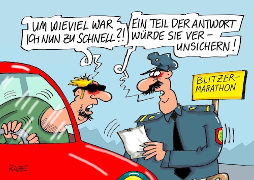 Cartoon: Allgemeine Verunsicherung (medium) by RABE tagged polizei,blitzer,blitzermarathon,marathon,raser,geschwindigkeit,geschwindigkeitskontrolle,rabe,ralf,böhme,cartoon,karikatur,pressezeichnung,farbcartoon,tagescartoon,punkte,bussgelder,bussgeldbescheid,straße,blitzgerät,pkw,höchstgrenze,polizei,blitzer,blitzermarathon,marathon,raser,geschwindigkeit,geschwindigkeitskontrolle,rabe,ralf,böhme,cartoon,karikatur,pressezeichnung,farbcartoon,tagescartoon,punkte,bussgelder,bussgeldbescheid,straße,blitzgerät,pkw,höchstgrenze