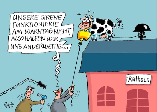 Cartoon: An die Glocke gehangen (medium) by RABE tagged warnsystem,sirene,warntag,katastrophenfall,ernstfall,rabe,ralf,böhme,cartoon,karikatur,pressezeichnung,farbcartoon,tagescartoon,dach,rathaus,bürgermeister,trompete,warnsignal,kuh,glocke,kuhglocke,warnsystem,sirene,warntag,katastrophenfall,ernstfall,rabe,ralf,böhme,cartoon,karikatur,pressezeichnung,farbcartoon,tagescartoon,dach,rathaus,bürgermeister,trompete,warnsignal,kuh,glocke,kuhglocke