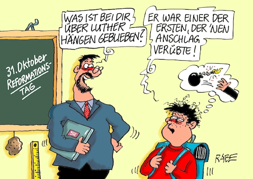 Cartoon: Anschlagsserie (medium) by RABE tagged halloween,reformationstag,süsses,saures,gespenster,horror,kinder,verkleidung,grusel,kostüme,rabe,ralf,böhme,cartoon,karikatur,pressezeichnung,farbcartoon,tagescartoon,martin,luther,bibel,anschlag,wittenberg,lehrer,schüler,schultafel,halloween,reformationstag,süsses,saures,gespenster,horror,kinder,verkleidung,grusel,kostüme,rabe,ralf,böhme,cartoon,karikatur,pressezeichnung,farbcartoon,tagescartoon,martin,luther,bibel,anschlag,wittenberg,lehrer,schüler,schultafel