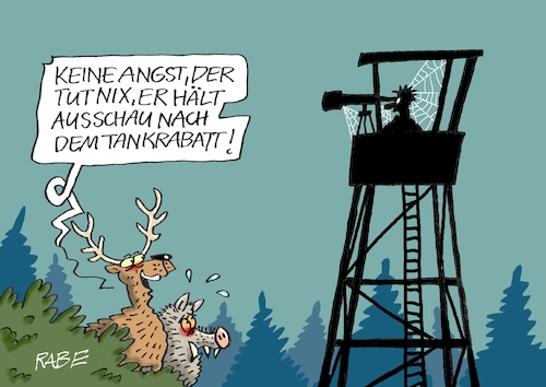 Cartoon: Ansitzer (medium) by RABE tagged energiewende,windkraft,windräder,solarenergie,umweltminister,robert,habeck,grüne,rabe,ralf,böhme,cartoon,karikatur,pressezeichnung,farbcartoon,tagescartoon,michel,lastenträger,kosten,energiepreise,ukrainekrieg,sanktionen,hochsitz,jäger,ansitz,hirsch,wildsau,wildschwein,fernglas,fernrohr,feldstecher,tank,tankrabatt,rabatt,ausschau,mineralölkonzerne,preissteigerung,preisweitergabe,energiewende,windkraft,windräder,solarenergie,umweltminister,robert,habeck,grüne,rabe,ralf,böhme,cartoon,karikatur,pressezeichnung,farbcartoon,tagescartoon,michel,lastenträger,kosten,energiepreise,ukrainekrieg,sanktionen,hochsitz,jäger,ansitz,hirsch,wildsau,wildschwein,fernglas,fernrohr,feldstecher,tank,tankrabatt,rabatt,ausschau,mineralölkonzerne,preissteigerung,preisweitergabe