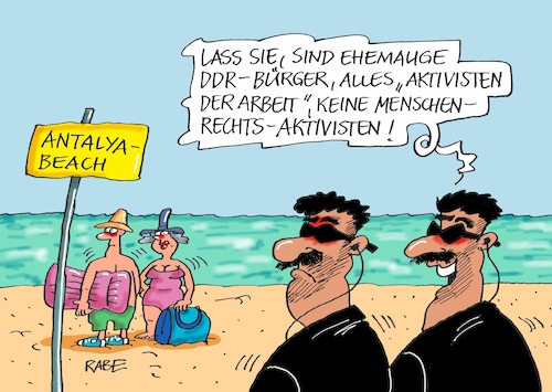 Cartoon: Antalya Urlaub (medium) by RABE tagged antalya,turkei,erdogan,menschenrechtler,menschenrechtsaktivisten,aktivisten,strand,regimegener,gefängnis,journalisten,putsch,halbmond,rabe,ralf,böhme,cartoon,karikatur,pressezeichnung,farbcartoon,tagescartoon,geheimdienste,versammlungsrecht,pressefreiheit,böhmermann,untersuchungshaft,reisewarnung,ddr,antalya,turkei,erdogan,menschenrechtler,menschenrechtsaktivisten,aktivisten,strand,regimegener,gefängnis,journalisten,putsch,halbmond,rabe,ralf,böhme,cartoon,karikatur,pressezeichnung,farbcartoon,tagescartoon,geheimdienste,versammlungsrecht,pressefreiheit,böhmermann,untersuchungshaft,reisewarnung,ddr