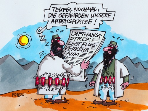 Cartoon: Arbeitsplätze (medium) by RABE tagged lufthansa,streik,pilotenstreik,tarifkonflikt,laahmlegung,flughäfen,passagiere,reisende,flugplatz,terminal,arbeitskampf,piloten,gehälter,flugtickets,bahn,ersatzverkehr,luftverkehr,rabe,ralf,böhme,cartoon,karikatur,pressezeichnung,farbcartoon,taliban,terror,arbeitsplätze,sprengstoff,sprengstoffanschlag,islamisten,gotteskrieger,granaten,terroranschlag,airline,lufthansa,streik,pilotenstreik,tarifkonflikt,laahmlegung,flughäfen,passagiere,reisende,flugplatz,terminal,arbeitskampf,piloten,gehälter,flugtickets,bahn,ersatzverkehr,luftverkehr,rabe,ralf,böhme,cartoon,karikatur,pressezeichnung,farbcartoon,taliban,terror,arbeitsplätze,sprengstoff,sprengstoffanschlag,islamisten,gotteskrieger,granaten,terroranschlag,airline