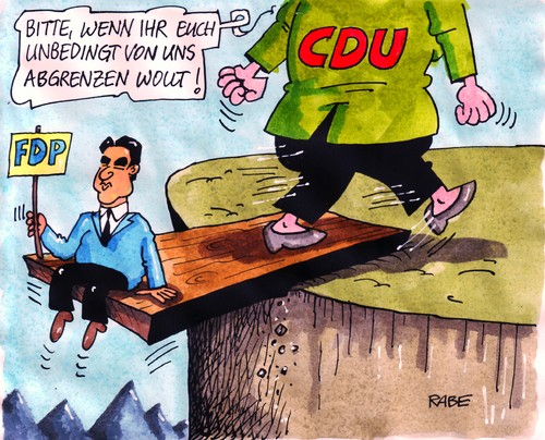 Cartoon: Ausgewippt (medium) by RABE tagged bundesregierung,bundesparteitag,frankfurt,liberale,fdp,rösler,westerwelle,parteiprogramm,parteivorstand,lindner,brüderle,kanzlerin,merkel,koalition,koalitionspartener,schwarzgelb,bildungspolitik,rettungsschirm,euro,schuldenkrise,parteitag,kooperationsverbot,bildung,schuldenbremse,finanzmarktregulierung,finanzminister,banken,generalsekretär,steuersenkung,steuerentlastung,abgrenzung,brett,wippe,schlucht,absturz,bundesregierung,bundesparteitag,frankfurt,liberale,fdp,rösler,westerwelle,parteiprogramm,parteivorstand