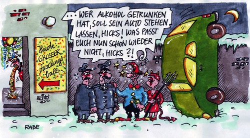 Cartoon: Autostandby (medium) by RABE tagged polizei,polizeibeamte,streife,polizeistreife,verkehrskontrolle,alkoholkontrolle,alkoholtest,schnaps,schnapsflasche,trinken,saufen,besoffen,torkeln,lallen,schlangenlinie,promille,promillegrenze,pusten,blasen,pusteröhrechen,polizeiwache,fahrverbot,führerscheinkontrolle,verkehr,verkehrspolizist,karneval,fasching,auto,pkw,fahrzeug,fahren,parken,abstellen,pappnase,narren,narrenkappe,konfetti,luftballon,luftschlange,girlanden,kostüm,kostümball,teufel,leibhaftige,clown,clownskostüm,hörner,dreizack,mann,frau,ehepaar,büttenredner,büttenabend,prunksitzung,elferrat,elferratssitzung,köln,mainz,düsseldorf,rosenmontag,rosenmontagsumzug,weiberfastnacht,fastnacht,weiberfasching,polizei,polizeibeamte,streife,polizeistreife,verkehrskontrolle,alkoholkontrolle,alkoholtest,schnaps,saufen,besoffen,torkeln,lallen