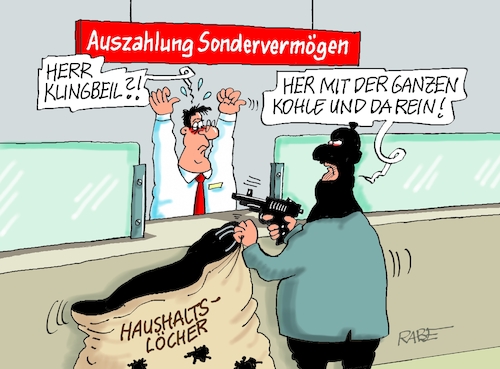Cartoon: Bababanküberfall (medium) by RABE tagged merz,kanzler,koalition,union,spd,klingbeil,cartoon,karikatur,pressezeichnung,farbcartoon,tagescartoon,bürokratie,verwaltung,beamte,modernisierung,monster,drachen,schwert,holzschwert,nägel,säge,finanzminister,lars,schulden,schuldenlöcher,haushalt,haushaltslöcher,staatsschulden,milliarden,schuldentopf,schuldenpaket,sondervermögen,vermögen,bank,banküberfall,knarre,pistole,geldsack,schalter,bankangestellter,überfall,raub,kohle,merz,kanzler,koalition,union,spd,klingbeil,cartoon,karikatur,pressezeichnung,farbcartoon,tagescartoon,bürokratie,verwaltung,beamte,modernisierung,monster,drachen,schwert,holzschwert,nägel,säge,finanzminister,lars,schulden,schuldenlöcher,haushalt,haushaltslöcher,staatsschulden,milliarden,schuldentopf,schuldenpaket,sondervermögen,vermögen,bank,banküberfall,knarre,pistole,geldsack,schalter,bankangestellter,überfall,raub,kohle