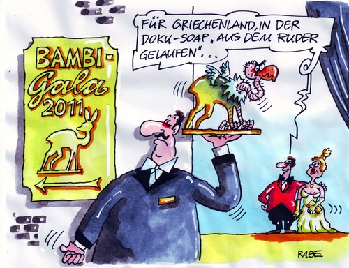 Cartoon: Bambidreous (medium) by RABE tagged griechenland,athen,ministerpräsident,parlament,papandreou,papdemos,eu,euro,brüssel,schulden,krise,schuldenkrise,rettungsschirm,schuldenschnitt,merkel,cdu,sarkozy,frankreich,deutschland,wiesbaden,banken,aktienmarkt,schuldenerlass,bambi,bambiverleihung,bambigala,gala,preisverleihung,tv,fernsehen,stars,funk,medien,film,fernsehspiel,dokumentation,schauspieler,publikum,publikumsliebling,nachwuchsschauspieler,ard,zdf,rtl,sat,arte,medienlandschaft,newcomer,reh,rehkitz,pleite,pleitegeier,geier,aasgeier,ruder,griechenland,athen,ministerpräsident,parlament,papandreou,papdemos,euro,brüssel,schulden