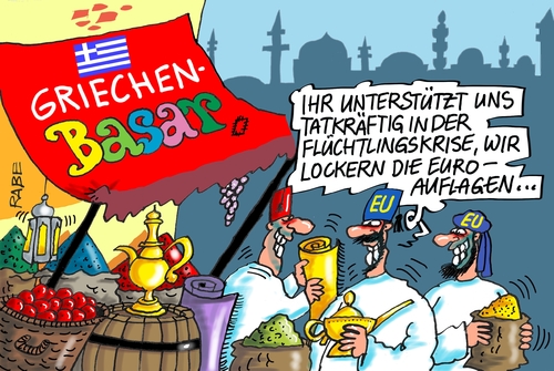 Cartoon: Basar (medium) by RABE tagged griechenland,mazedonien,flüchtlinge,flüchtlingskrise,grenzkontrollen,balkanroute,rabe,ralf,böhme,cartoon,karikatur,pressezeichnung,farbcartoon,tagescartoon,basar,eu,euro,schuldenkrise,griechenlandkrise,kredit,staatspleite,griechenland,mazedonien,flüchtlinge,flüchtlingskrise,grenzkontrollen,balkanroute,rabe,ralf,böhme,cartoon,karikatur,pressezeichnung,farbcartoon,tagescartoon,basar,eu,euro,schuldenkrise,griechenlandkrise,kredit,staatspleite