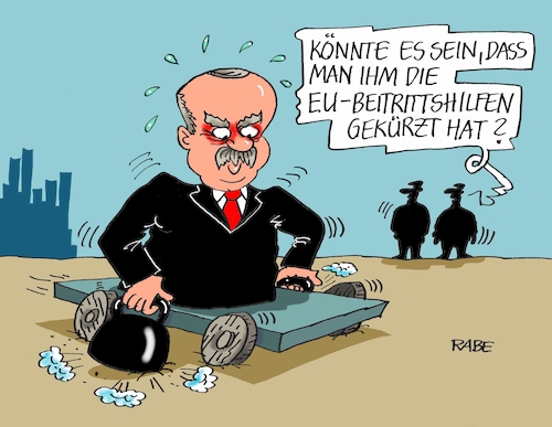 Cartoon: Beihilfenkürzung (medium) by RABE tagged erdogan,türkei,ankara,machthaber,regime,sultan,pressefreiheit,gefängnis,diktatur,journallisten,militärputsch,eu,brüssel,beitrit,beitritthilfe,rabe,ralf,böhme,cartoon,karikatur,pressezeichnung,farbcartoon,tagescartoon,gewichte,fahrhilfe,amputation,kürzung,merkel,flüchtlingsdeal,erdogan,türkei,ankara,machthaber,regime,sultan,pressefreiheit,gefängnis,diktatur,journallisten,militärputsch,eu,brüssel,beitrit,beitritthilfe,rabe,ralf,böhme,cartoon,karikatur,pressezeichnung,farbcartoon,tagescartoon,gewichte,fahrhilfe,amputation,kürzung,merkel,flüchtlingsdeal