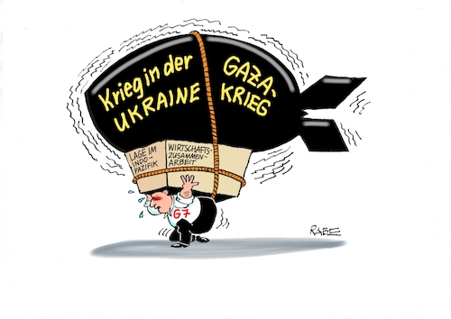 Cartoon: Belastungsgrenze (medium) by RABE tagged krise,krisenzeiten,klimakrise,ukrainekrieg,inflation,rückzug,rabe,ralf,böhme,cartoon,karikatur,pressezeichnung,farbcartoon,tagescartoon,gipfel,gipfeltreffen,sieben,staaten,staatschefs,baerbock,japan,treffen,wirtschaftszusammenarbeit,gaza,gazakrieg,nahost,ukraine,bombe,belastung,lastenträger,krise,krisenzeiten,klimakrise,ukrainekrieg,inflation,rückzug,rabe,ralf,böhme,cartoon,karikatur,pressezeichnung,farbcartoon,tagescartoon,gipfel,gipfeltreffen,sieben,staaten,staatschefs,baerbock,japan,treffen,wirtschaftszusammenarbeit,gaza,gazakrieg,nahost,ukraine,bombe,belastung,lastenträger