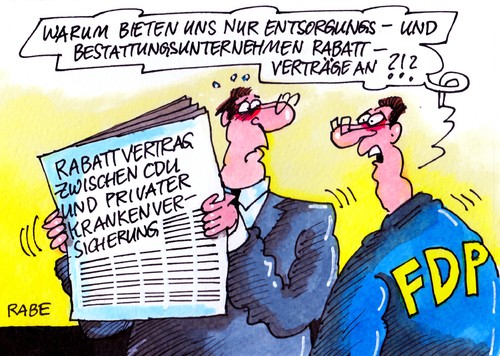 Cartoon: Bestattungsrabatt (medium) by RABE tagged rabatt,rabattvertrag,cdu,parteienrabatt,karankenversicherung,karankenkasse,privatkrankenkasse,kassenpatient,privatkassenpatient,rabe,ralf,böhme,cartoon,karikatur,fdp,liberale,bundestagswahl,unternehmen,entsorgungsunternehmen,bestattungsunternehmen,zeitung,schlagzeile,rösler,brüderle,merkel,parteienspitze,bonus,bonuspunkte,rabatt,rabattvertrag,cdu,parteienrabatt,karankenversicherung,karankenkasse,privatkrankenkasse,kassenpatient,privatkassenpatient,rabe,ralf,böhme,cartoon,karikatur,fdp,liberale,bundestagswahl,unternehmen,entsorgungsunternehmen,bestattungsunternehmen,zeitung,schlagzeile,rösler,brüderle,merkel,parteienspitze,bonus,bonuspunkte