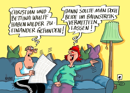 Cartoon: Bettina und Christian (medium) by RABE tagged bettina,christian,wulff,exbundespräsident,affäre,bestechung,rabe,ralf,böhme,cartoon,karikatur,pressezeichnung,farbcartoon,tagescartoon,bahn,bahnstreik,tarifauseinandersetzung,weselsky,bahnchef,grube,vermittler,platzeck,schlichter,bettina,christian,wulff,exbundespräsident,affäre,bestechung,rabe,ralf,böhme,cartoon,karikatur,pressezeichnung,farbcartoon,tagescartoon,bahn,bahnstreik,tarifauseinandersetzung,weselsky,bahnchef,grube,vermittler,platzeck,schlichter