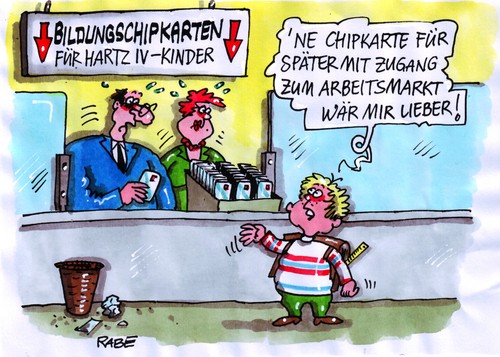 Cartoon: Bildungschipkarte (medium) by RABE tagged bildungschipkarte,bildung,erziehung,banken,euro,kind,schule,schulranzen,kultusminister,pisastudie,arbeitsmarkt,arbeitsplatz,lehrstelle,hartz,iv,junge,unterrischt,bildungschipkarte,euro,kind,schule,schulranzen,kultusminister,pisastudie,arbeitsmarkt