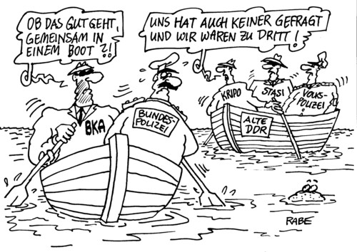 Cartoon: BKA Bundespolizei (medium) by RABE tagged bka,einsparungen,euro,kooperation,bundespolizei,kripo,rudern,boot,volkspolizei,stasi,sonnenbrille,sitzen,wasser,trenchcoat,schlapphut,innenminister,innenministerium,bka,bundespolizei,kommissar,innenminister,innenministerium,kooperation,zusammenschluß,kripo,volkspolizei,polizei,bundesländer