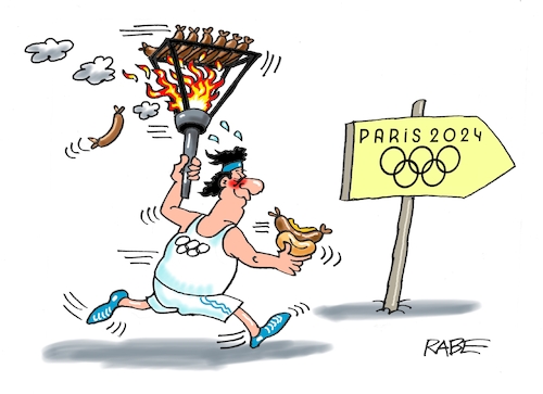 Cartoon: Bratwurst vom Fackelmann (medium) by RABE tagged olympiade,sommerspiele,sport,paris,cartoon,karikatur,pressezeichnung,farbcartoon,tagescartoon,treppchen,podest,siegerehrung,siegerpodest,hund,herrchen,training,ringe,fackel,fackelträger,bratwurst,roster,grill,flamme,feuer,olympiade,sommerspiele,sport,paris,cartoon,karikatur,pressezeichnung,farbcartoon,tagescartoon,treppchen,podest,siegerehrung,siegerpodest,hund,herrchen,training,ringe,fackel,fackelträger,bratwurst,roster,grill,flamme,feuer