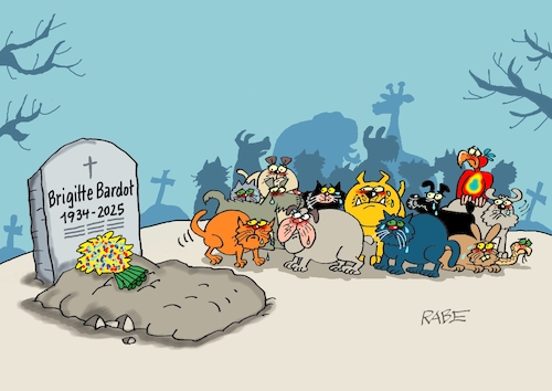 Cartoon: Brigitte Bardot (medium) by RABE tagged brigitte,bardot,frankreich,paris,schauspielerin,künstlerin,fil,tv,cartoon,karikatur,rabe,ralf,böhme,pressezeichnung,farbcartoon,tagescartoon,tiere,tierschutz,katze,hund,tod,friedhof,grabstein,trauer,brigitte,bardot,frankreich,paris,schauspielerin,künstlerin,fil,tv,cartoon,karikatur,rabe,ralf,böhme,pressezeichnung,farbcartoon,tagescartoon,tiere,tierschutz,katze,hund,tod,friedhof,grabstein,trauer