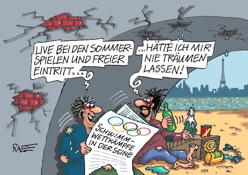 Cartoon: Brückentag (medium) by RABE tagged olympiade,sommerspiele,sport,paris,cartoon,karikatur,pressezeichnung,farbcartoon,tagescartoon,treppchen,podest,siegerehrung,siegerpodest,hund,herrchen,training,ringe,fische,seine,fluß,luftblasen,fluss,brücke,obdachlose,obdachlosigkeit,schwimmer,schwimmwettkampf,olympiade,sommerspiele,sport,paris,cartoon,karikatur,pressezeichnung,farbcartoon,tagescartoon,treppchen,podest,siegerehrung,siegerpodest,hund,herrchen,training,ringe,fische,seine,fluß,luftblasen,fluss,brücke,obdachlose,obdachlosigkeit,schwimmer,schwimmwettkampf