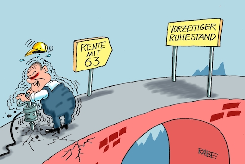 Cartoon: Brückentage (medium) by RABE tagged rente,rentner,einstiegsalter,renteneinstiegsalter,siebzig,ranbe,ralf,böhme,cartoon,karikatur,pressezeichnung,farbcartoon,tagescartoon,brücke,brückentag,ruhestand,dreiundsechzig,bauarbeiter,olaf,scholz,presslufthammer,abriss,rentenbeitrag,fachkräftemangel,rente,rentner,einstiegsalter,renteneinstiegsalter,siebzig,ranbe,ralf,böhme,cartoon,karikatur,pressezeichnung,farbcartoon,tagescartoon,brücke,brückentag,ruhestand,dreiundsechzig,bauarbeiter,olaf,scholz,presslufthammer,abriss,rentenbeitrag,fachkräftemangel