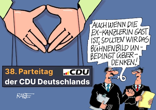 Cartoon: Bühnenraute (medium) by RABE tagged merz,kanzler,koalition,union,spd,klingbeil,cartoon,karikatur,pressezeichnung,farbcartoon,tagescartoon,bürokratie,verwaltung,beamte,modernisierung,monster,drachen,schwert,holzschwert,nägel,säge,angela,merkel,raute,gast,bundesparteitag,stuttgart,parteispitze,bühne,bühnenbild,wahl,merz,kanzler,koalition,union,spd,klingbeil,cartoon,karikatur,pressezeichnung,farbcartoon,tagescartoon,bürokratie,verwaltung,beamte,modernisierung,monster,drachen,schwert,holzschwert,nägel,säge,angela,merkel,raute,gast,bundesparteitag,stuttgart,parteispitze,bühne,bühnenbild,wahl