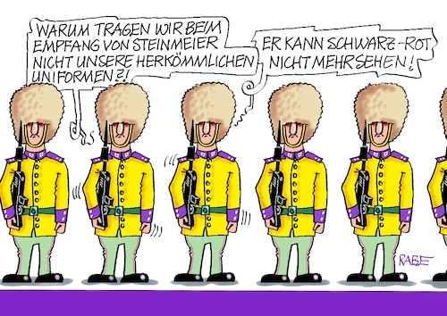 Cartoon: Bunte Garde (medium) by RABE tagged merz,union,kanzler,fritze,koalition,spd,klingbeil,bundesregierung,rabe,ralf,böhme,cartoon,karikatur,pressezeichnung,farbcartoon,tagescartoon,trump,putin,krisen,tv,nachrichten,waschmaschine,frank,walter,steinmeier,bundespräsident,staatsbesuch,london,england,king,könig,charles,garde,schwarz,rot,soldaten,uniform,bärenfell,bärenfellmütze,tradition,merz,union,kanzler,fritze,koalition,spd,klingbeil,bundesregierung,rabe,ralf,böhme,cartoon,karikatur,pressezeichnung,farbcartoon,tagescartoon,trump,putin,krisen,tv,nachrichten,waschmaschine,frank,walter,steinmeier,bundespräsident,staatsbesuch,london,england,king,könig,charles,garde,schwarz,rot,soldaten,uniform,bärenfell,bärenfellmütze,tradition