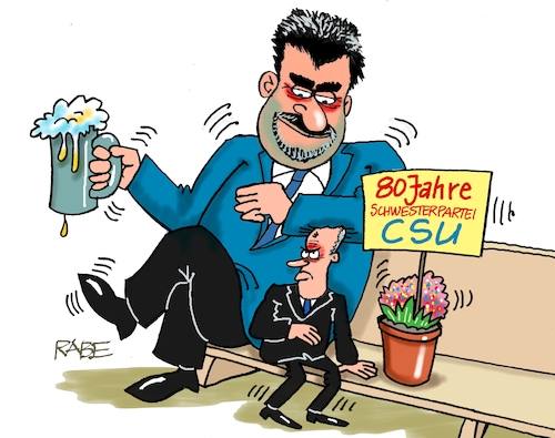 CSU Geburtstag (medium) Cartoon: CSU Geburtstag (medium) by RABE tagged merz,union,kanzler,fritze,koalition,spd,klingbeil,bundesregierung,rabe,ralf,böhme,cartoon,karikatur,pressezeichnung,farbcartoon,tagescartoon,trump,putin,krisen,tv,nachrichten,waschmaschine,csu,schwesterpartei,söder,bayern,geburtstag,bank,merz,union,kanzler,fritze,koalition,spd,klingbeil,bundesregierung,rabe,ralf,böhme,cartoon,karikatur,pressezeichnung,farbcartoon,tagescartoon,trump,putin,krisen,tv,nachrichten,waschmaschine,csu,schwesterpartei,söder,bayern,geburtstag,bank