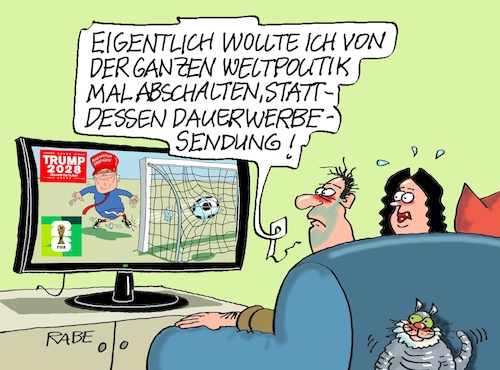 Cartoon: Dauerwerbung (medium) by RABE tagged fußball,nagelsmann,spieler,wm,kader,usa,ball,sport,tor,spielfeld,schiedsrichter,videobeweis,rabe,ralf,böhme,cartoon,karikatur,pressezeichnung,farbcartoon,tagescartoon,hund,bundesliga,ballaballa,trump,dauerwerbung,tv,fußball,nagelsmann,spieler,wm,kader,usa,ball,sport,tor,spielfeld,schiedsrichter,videobeweis,rabe,ralf,böhme,cartoon,karikatur,pressezeichnung,farbcartoon,tagescartoon,hund,bundesliga,ballaballa,trump,dauerwerbung,tv