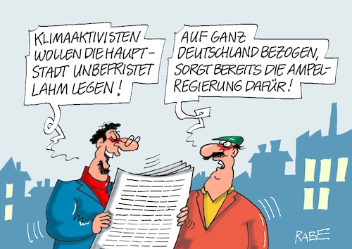 Cartoon: Deutschland lahmt (medium) by RABE tagged klima,klimaaktivisten,klimakleber,letzte,generation,blockade,lahmlegung,verkehr,autofahrer,erderwärmung,regierung,scholz,rabe,ralf,böhme,cartoon,karikatur,pressezeichnung,farbcartoon,tagescartoon,ampel,ampelregierung,klimawende,forderungen,klima,klimaaktivisten,klimakleber,letzte,generation,blockade,lahmlegung,verkehr,autofahrer,erderwärmung,regierung,scholz,rabe,ralf,böhme,cartoon,karikatur,pressezeichnung,farbcartoon,tagescartoon,ampel,ampelregierung,klimawende,forderungen