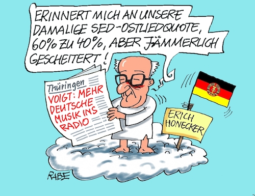 Cartoon: Deutschliedquote (medium) by RABE tagged merz,kanzler,koalition,union,spd,klingbeil,cartoon,karikatur,pressezeichnung,farbcartoon,tagescartoon,db,bahn,frühling,frühjahr,frühjahrsputz,ice,zug,blumenkasten,blumenkästen,esc,songcontest,voigt,ministerpräsident,thüringen,honecker,erich,ddr,sed,quote,lieder,schlager,musik,radio,brandmauer,ostlieder,westlieder,ostliedquote,himmel,wolke,merz,kanzler,koalition,union,spd,klingbeil,cartoon,karikatur,pressezeichnung,farbcartoon,tagescartoon,db,bahn,frühling,frühjahr,frühjahrsputz,ice,zug,blumenkasten,blumenkästen,esc,songcontest,voigt,ministerpräsident,thüringen,honecker,erich,ddr,sed,quote,lieder,schlager,musik,radio,brandmauer,ostlieder,westlieder,ostliedquote,himmel,wolke