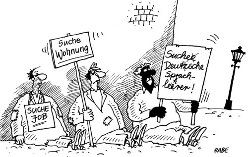 Cartoon: Deutschtest (medium) by RABE tagged einbürgerungstest,deutschtest,duden,sprache,migranten,ausländer,schwarzer,sprachschule,sprachlehrer,fremdsprache,einbürgerung,job,jobsuche,wohnung,wohnungssuche,krise,euro,banken,mann,fußgängerzone,einkaufspassage,schilder,straßenlaterne,hauswand,betteln,unterricht,sprachunterricht,deutschland,einbürgerungstest,deutschtest,duden,sprache,migranten,ausländer,fremdsprache,einbürgerung,job,jobsuche,wohnung,wohnungssuche,arbeit,bildung,wissen,deutsch,lernen