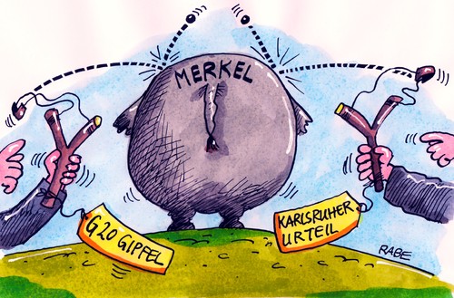 Cartoon: Dickhäuter (medium) by RABE tagged merkel,kanzlerin,cdu,bundesregierung,elefant,dickhaut,rüsseltier,mexiko,karsruhe,urteil,bundesverfassungsgericht,parlament,bundestag,gesetze,eu,euro,eurokrise,rettungsschirm,fiskalpakt,schuldenschnitt,steinschleuder,katapult,barroso,elefantenkuh,gipfel,gipfeltreffen