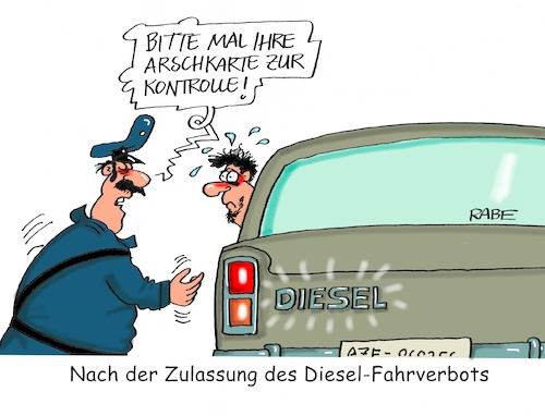 Cartoon: Dieselurteil (medium) by RABE tagged diesel,vw,skandaal,dobrindt,autobauer,rabe,ralf,böhme,cartoon,karikatur,pressezeichnung,farbcartoon,tagescartoon,jeans,innenstadt,fahrverbot,urteil,entscheidung,gericht,leipzig,innenstätte,dieselkraftstoff,dieselfahrzeuge,händler,polizei,kontrolle,umwelt,strafe,arsch,arschkarte,diesel,vw,skandaal,dobrindt,autobauer,rabe,ralf,böhme,cartoon,karikatur,pressezeichnung,farbcartoon,tagescartoon,jeans,innenstadt,fahrverbot,urteil,entscheidung,gericht,leipzig,innenstätte,dieselkraftstoff,dieselfahrzeuge,händler,polizei,kontrolle,umwelt,strafe,arsch,arschkarte