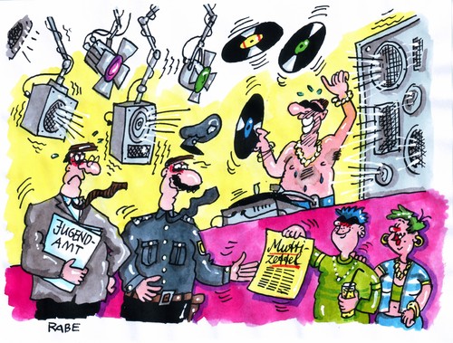 Cartoon: Discobesucher (medium) by RABE tagged jugendamt,polizei,discothek,discobesucher,kinder,jugendliche,jugendschutz,kontrolle,speerstunde,alkohol,komasaufen,promille,lautsprecher,discoschuppen,männer,junge,mädchen,limonade,mutti,muttizettel,erlaubnis,unterschrift,plattenreiter,plattenaufleger,plattenspieler,stereoanlage,schallplatten,vinyl,popmusik,gehörschutz,scratching,kopfhörer,goldkettchen,sonnenbrille,scheinwerfer,lichtshow,lichtschlauch,watt,zimmerlautstärke,jugendschutzgesetz,ausschankschluß,einlaßkontrolle,personalausweis,bürgschaft,vollmacht,jugendamt,polizei,discothek,discobesucher,kinder,jugendliche,jugendschutz,kontrolle,speerstunde,komasaufen,promille,lautsprecher,spaß,jugend