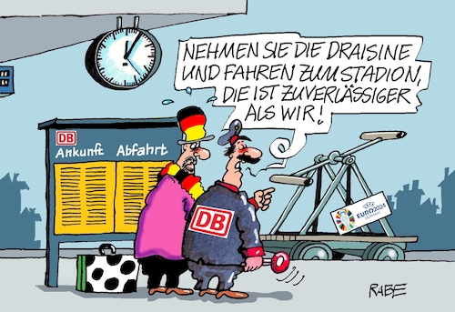 Cartoon: Draisine (medium) by RABE tagged fußball,fussball,bundesliga,meistertitel,fußballer,bayern,münchen,bayer,leverkusen,rabe,ralf,böhme,cartoon,karikatur,pressezeichnung,frabcartoon,tagescartoon,schild,meister,schuß,ecke,eckball,sport,em,europameisterschaft,fußballstadion,draisine,bahn,db,unpünktlichkeit,schaffner,bahnsteig,fußball,fussball,bundesliga,meistertitel,fußballer,bayern,münchen,bayer,leverkusen,rabe,ralf,böhme,cartoon,karikatur,pressezeichnung,frabcartoon,tagescartoon,schild,meister,schuß,ecke,eckball,sport,em,europameisterschaft,fußballstadion,draisine,bahn,db,unpünktlichkeit,schaffner,bahnsteig