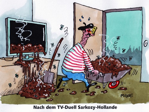 Cartoon: Dreckschleudern (medium) by RABE tagged frankreich,staatspräsident,wahl,sonntag,präsidentschaftswahl,sarkozy,hollande,rechte,sozialisten,duell,tv,mist,dreck,misthaufen,jauche,kandidaten,rededuell,stichwahl,herausforderer,amtsinhaber,schubkarre,mistgabel,fliegen,schmeissfliegen,franzose,frankreich,staatspräsident,sarkozy,hollande