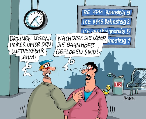 Cartoon: Drohnenalarm (medium) by RABE tagged db,dgl,tarif,tarifstreit,tarifverhandlungen,weselsky,bahnchefs,lohnforderungen,streik,rabe,ralf,böhme,cartoon,karikatur,pressezeichnung,fabcartoon,tagescartoon,gleise,schienen,bahnhof,drohne,drohnen,startbahn,flüghäfen,landebahn,flugausfälle,zugausfälle,anschläge,luftverkehr,bahnverkehr,db,dgl,tarif,tarifstreit,tarifverhandlungen,weselsky,bahnchefs,lohnforderungen,streik,rabe,ralf,böhme,cartoon,karikatur,pressezeichnung,fabcartoon,tagescartoon,gleise,schienen,bahnhof,drohne,drohnen,startbahn,flüghäfen,landebahn,flugausfälle,zugausfälle,anschläge,luftverkehr,bahnverkehr