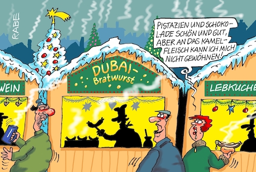 Cartoon: Dubai Bratwurst (medium) by RABE tagged weihnachten,weihnachtsmarkt,weihnachtsbaum,glühwein,weihnachtsgeschenke,rabe,ralf,böhme,cartoon,kariatur,pressezeichnung,farbcartoon,tagescartoon,markt,lichterkette,glühweinstand,bratwurst,dubai,dubaischokolade,dubaibratwurst,kamel,senf,pistazien,schokolade,weihnachten,weihnachtsmarkt,weihnachtsbaum,glühwein,weihnachtsgeschenke,rabe,ralf,böhme,cartoon,kariatur,pressezeichnung,farbcartoon,tagescartoon,markt,lichterkette,glühweinstand,bratwurst,dubai,dubaischokolade,dubaibratwurst,kamel,senf,pistazien,schokolade