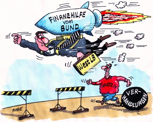 Cartoon: Düsentrieb (medium) by RABE tagged west,lb,banker,manager,finanzhilfe,euro,krise,notleidende,banken,kunden,steuerzahler,steuern,belastung,bund,bundesregierung,börse,spekulanten,finanzminister,schäuble,merkel,kanzlerin,opposition,koalition,hartz,iv,debatte,empfänger,sozialhilfe,unterstützung,männer,rakete,raketenantrieb,düsenantrieb,triebwerk,flammen,feuer,rauch,geldkoffer,rasen,hürde,hürdenlauf,spießrutenlauf,west,banker,manager,finanzhilfe,euro,krise,banken,kunden,steuerzahler,belastung,bundesregierung,börse,spekulanten