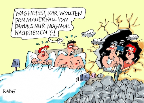 Cartoon: Durchbruchstimmung (medium) by RABE tagged mauerfall,grenzöffnung,deutsche,einheit,bett,ehepaar,rabe,ralf,böhme,cartoon,fetsakt,feierlichkeiten,merkel,berlin,fluchtversuch,ostzone,zone,grenzer,stasi,ddr,grenzstreifen,honecker,sed,regieme,schlafzimmer,ehebett,wand,durchbruch,hammer,spitzhacke,mauerspechte,mauerfall,grenzöffnung,deutsche,einheit,bett,ehepaar,rabe,ralf,böhme,cartoon,fetsakt,feierlichkeiten,merkel,berlin,fluchtversuch,ostzone,zone,grenzer,stasi,ddr,grenzstreifen,honecker,sed,regieme,schlafzimmer,ehebett,sex,wand,durchbruch,hammer,spitzhacke,mauerspechte