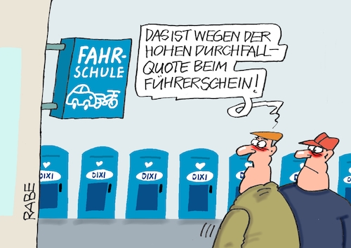 Cartoon: Durchfallquote (medium) by RABE tagged fahrschule,fahrschüler,führerschein,prüfung,führerscheinprüfung,rabe,ralf,böhme,cartoon,karikatur,pressezeichnung,farbcartoon,tagescartoon,dix,dixiklo,klo,durchfall,durchfallquote,toilettenhäuschen,fahrschule,fahrschüler,führerschein,prüfung,führerscheinprüfung,rabe,ralf,böhme,cartoon,karikatur,pressezeichnung,farbcartoon,tagescartoon,dix,dixiklo,klo,durchfall,durchfallquote,toilettenhäuschen