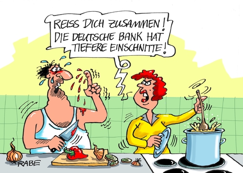 Cartoon: Einschnitte (medium) by RABE tagged einschnitte,banken,deutsche,bank,ehepaar,messer,schnitte,verletzung,blut,schneitbrett,wunde,küche,kochen,rabe,ralf,böhme,cartoon,karikatur,pressezeichnung,farbcartoon,tagescartoon,bankenviertel,schrumpfkurspostbank,mehrheit,dax,konzern,aufsichtsrat,vorstand,komplettverkauf,börse,anleger,aktirn,aktienpaket,investmanbank,investmanbanking,einschnitte,banken,deutsche,bank,ehepaar,messer,schnitte,verletzung,blut,schneitbrett,wunde,küche,kochen,rabe,ralf,böhme,cartoon,karikatur,pressezeichnung,farbcartoon,tagescartoon,bankenviertel,schrumpfkurspostbank,mehrheit,dax,konzern,aufsichtsrat,vorstand,komplettverkauf,börse,anleger,aktirn,aktienpaket,investmanbank,investmanbanking