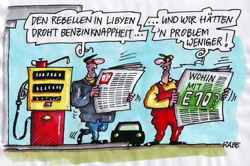 Cartoon: Elend 10 (medium) by RABE tagged bundesregierung,koalition,cdu,fdp,brüderle,wirtschaftsminister,10,elend,e10,kanzlerin,merkel,benzingipfel,automobilindustrie,autohersteller,adac,benzinhersteller,mineralölkonzerne,konzernchef,wirtschaftsbosse,euro,krise,diesel,kraftstoff,super,benzin,tankstelle,tankwart,zapfsäule,zapfpistole,spritpreis,preisschraube,biosprit,beimischung,probleme,benzinknappheit,männer,auto,tanken,pkw,tankfüllung,motorschaden,abnutzung,libyen,gaddafi,rebellen,volksaufstand,afrika,nordafrika,flüchtlinge,zeitung,presse,bildzeitung,e10,10,wirtschaftsminister,brüderle,koalition,bundesregierung,merkel,benzingipfel