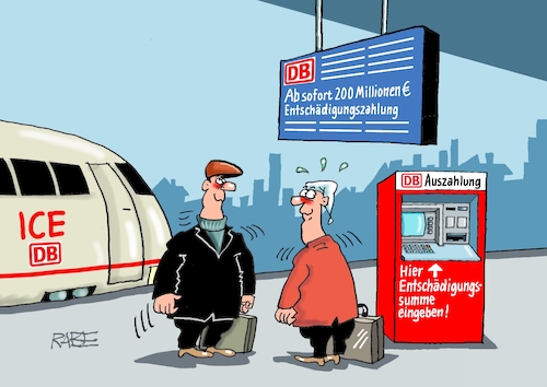 Cartoon: Entschädigung (medium) by RABE tagged db,bahn,bahnkunde,reisende,entschädigung,rabe,ralf,böhme,cartoon,karikatur,pressezeichnung,farbcartoon,tagescartoon,verspätung,streik,zug,zugausfall,bahnsteig,umleitung,bauarbeiten,geldautomat,db,bahn,bahnkunde,reisende,entschädigung,rabe,ralf,böhme,cartoon,karikatur,pressezeichnung,farbcartoon,tagescartoon,verspätung,streik,zug,zugausfall,bahnsteig,umleitung,bauarbeiten,geldautomat