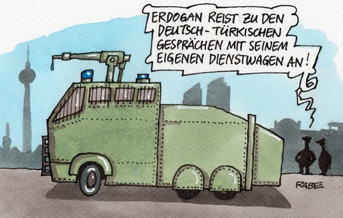 Cartoon: Erdogan (medium) by RABE tagged erdogan,merkel,staatsbesuch,gespräche,berlin,eu,eurozone,beitritt,türkei,istanbul,verhältnisse,demonstrationen,menschenrechte,wasserwerfer,rabe,ralf,böhme,cartoon,karikatur,pressezeichnung,farbcartoon,reichsttag,kanzleramt,eubeitritt,dienstwagen,hauptstadt,türken,europa,türe,tempodrom,beitrittsverhandlungen,reformen,reformpolitik,islam,muslime,erdogan,merkel,staatsbesuch,gespräche,berlin,eu,eurozone,beitritt,türkei,istanbul,verhältnisse,demonstrationen,menschenrechte,wasserwerfer,rabe,ralf,böhme,cartoon,karikatur,pressezeichnung,farbcartoon,reichsttag,kanzleramt,eubeitritt,dienstwagen,hauptstadt,türken,europa,türe,tempodrom,beitrittsverhandlungen,reformen,reformpolitik,islam,muslime