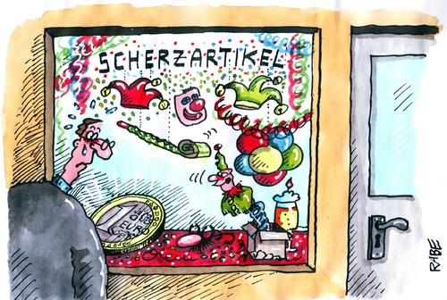 Cartoon: EU-Scherzartikelshop (medium) by RABE tagged eu,euro,geld,finanzen,banken,banker,rettungsschirm,krise,hilfspaket,rettungspaket,münze,mann,scherzartikel,fun,fasching,karneval,luftballon,luftschlange,konfetti,maske,pappnase,kasper,clown,bier,narrenkappe,eu,euro,geld,finanzen,banken,banker,rettungsschirm,krise,hilfspaket,rettungspaket,münze,mann,karneval,luftballon,luftschlange