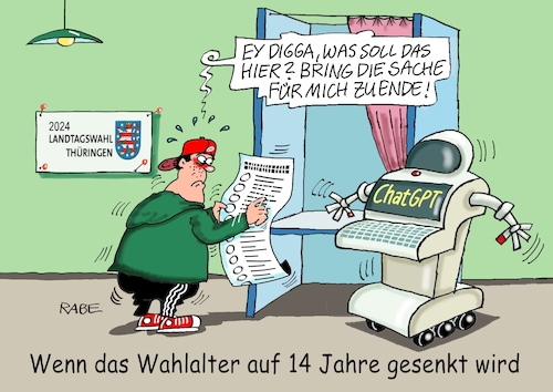 Cartoon: Ey Digga was geht (medium) by RABE tagged chatgpt,intelligenz,roboter,ki,volker,wissing,fdp,rabe,ralf,böhme,cartoon,karikatur,pressezeichnung,farbcartoon,tagescartoon,landtagswahl,thüringen,wahlkabine,erstwähler,jungwähler,wahlalter,linke,chatgpt,intelligenz,roboter,ki,volker,wissing,fdp,rabe,ralf,böhme,cartoon,karikatur,pressezeichnung,farbcartoon,tagescartoon,landtagswahl,thüringen,wahlkabine,erstwähler,jungwähler,wahlalter,linke