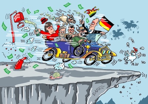 Cartoon: Fahrt ins Verderben (medium) by RABE tagged ampel,ampelregierung,rot,grün,gelb,fdp,spd,grüne,rabe,ralf,böhme,cartoon,karikatur,pressezeichnung,farbcartoon,tagescartoon,inflation,einkommen,rente,rentenpaket,bruch,streit,neuwahlen,schulden,schuldenpaket,merz,sondervermögen,schuldenbremse,sonderdebatte,bundestag,abstimmung,abgrund,auto,oldtimer,raser,schuldenlast,volldampf,ampel,ampelregierung,rot,grün,gelb,fdp,spd,grüne,rabe,ralf,böhme,cartoon,karikatur,pressezeichnung,farbcartoon,tagescartoon,inflation,einkommen,rente,rentenpaket,bruch,streit,neuwahlen,schulden,schuldenpaket,merz,sondervermögen,schuldenbremse,sonderdebatte,bundestag,abstimmung,abgrund,auto,oldtimer,raser,schuldenlast,volldampf