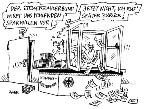 Cartoon: Fenstersturz (medium) by RABE tagged bundesregierung,bundestag,kanzlerin,merkel,cdu,finanzminister,schäuble,haushalt,steuerzahlerbund,beschluß,haushaltsberatung,konjunktur,schulden,euro,krise,konjunkturprogramm,defizitabbau,schreibtisch,büro,amtssitz,geld,gelbündel,geldscheine,fenster,raußschmiss,steuerzahler,steuern,steuererhöhung,bundestag,bundesregierung,kanzlerin,merkel,finanzminister,schäuble,haushalt,haushaltsentwurf