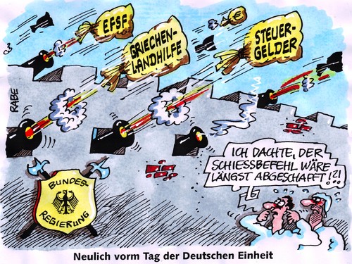 Cartoon: Feuerbefehl (medium) by RABE tagged bundesregierung,bundesrat,abstimmung,kanzlerin,merkel,cdu,union,schwarzgelb,fdp,liberale,rösler,finanzminister,schäuble,steinbrück,eu,euro,brüssel,schulden,schuldenkrise,rettungsschirm,efsf,griechenland,griechenlandhilfe,eurozone,steuern,steuergelder,steuerzahler,stattschef,finanzchef,banken,kredit,grenze,mauer,stacheldraht,zone,zonengrenze,schiessbefehl,selbstschussanlagen,wachposten,grenzer,grenztruppen,ddr,sed,stasi,deutsche,einheit,einheitsfeier,wiedervereinigung,oktober,burg,burgmauer,zinnen,kanonen,geschoss,kanonenkugel,geld,geldsack,lunte,abschaffung,bundesrat,abstimmung,kanzlerin,merkel